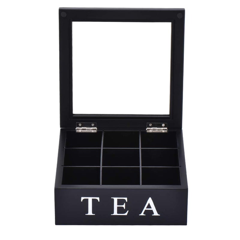 Fonture Wood Tea Storage Box, Teabag Storing 9 Compartments Wooden Tea Box Hinged Glass Lid Tea Organizer-Black - Image 3